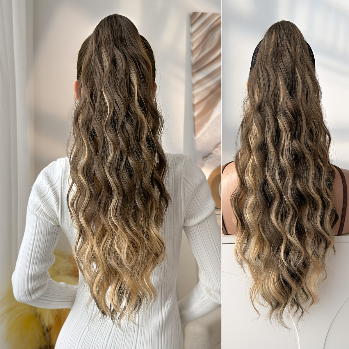 Dark brown black claw shaped ponytail extension light brown 60.96 cm water wave heat-resistant fiber synthetic ponytail wig, suitable for short hair accessories for Women's daily use