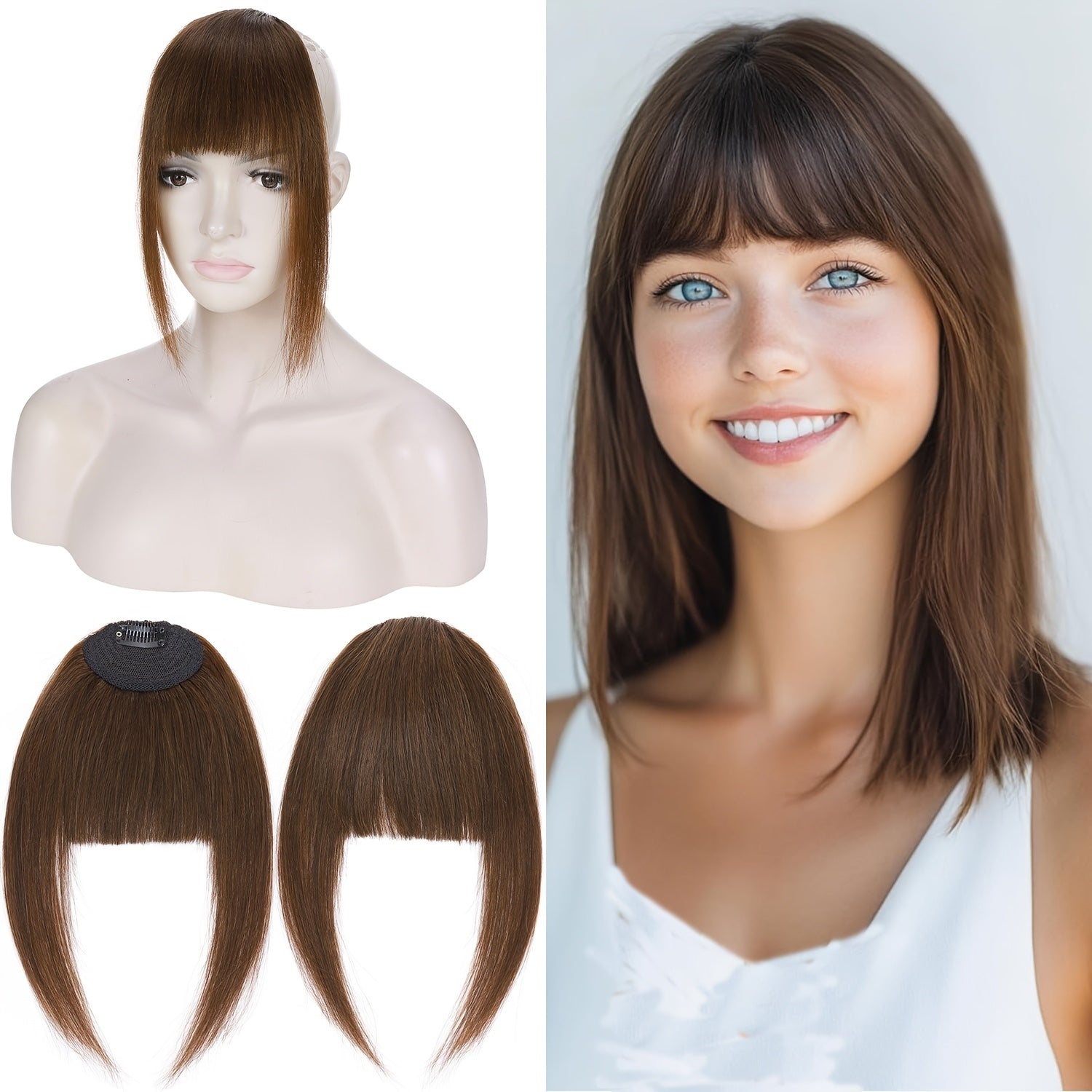 Real Human Hair Clip-In Fringe Bangs with Temples - 100% Real Human Hair Straight Hairpiece for Women, Elegant Style for Wedding, Party, Daily Use & Halloween/Christmas Hair, Cute Hair Accessories, Party Hairpiece, Natural Look Hairpiece