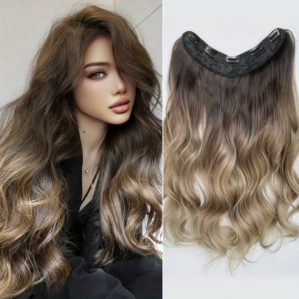 YUSULAXI 60.96 cm V-Shaped Clip-In Hair Extensions, Unisex-Adult, Long Wave Curly, Ombre Black Brown, High Temperature Fiber Synthetic Hairpiece