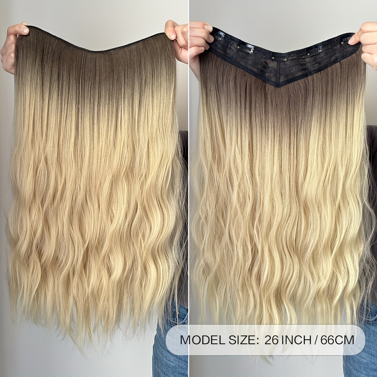 YUSULAXI 60.96 cm V-Shaped Clip-In Hair Extensions, Unisex-Adult, Long Wave Curly, Ombre Black Brown, High Temperature Fiber Synthetic Hairpiece