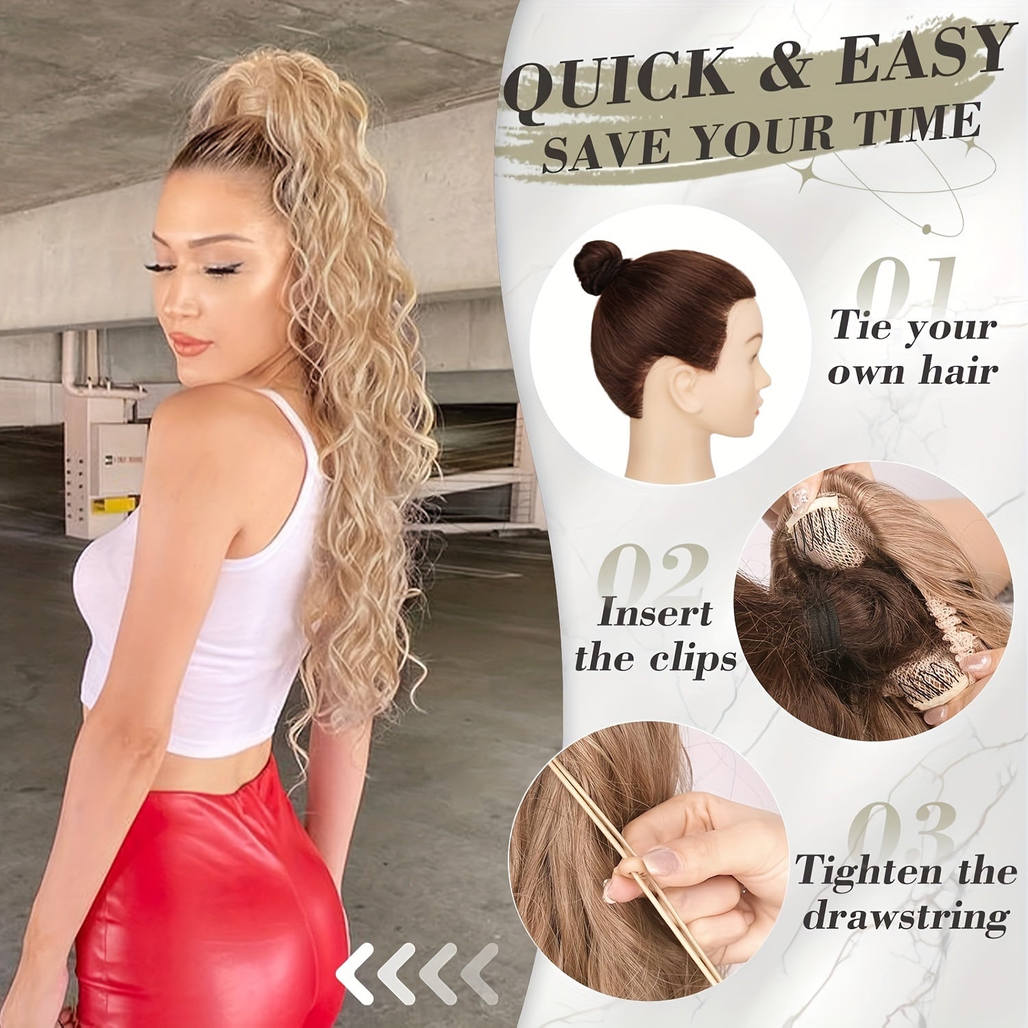 [Wavy Ponytail] 26" Long Heat-Resistant Synthetic Wavy Ponytail Extension for Women | Clip-In Design, Voluminous Curly Wave Style, Black Hairpiece, Secure Clipin Attachment