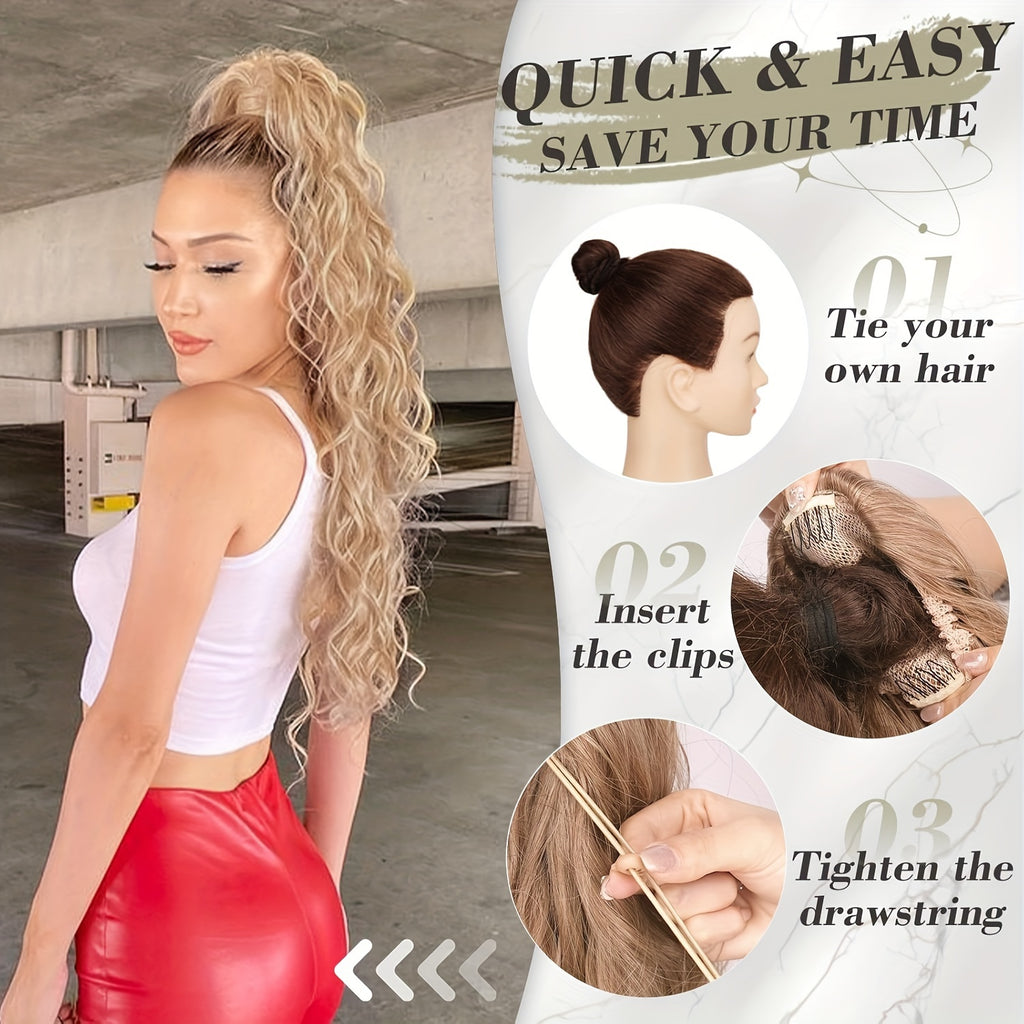 [Wavy Ponytail] 26" Long Heat-Resistant Synthetic Wavy Ponytail Extension for Women | Clip-In Design, Voluminous Curly Wave Style, Black Hairpiece, Secure Clipin Attachment