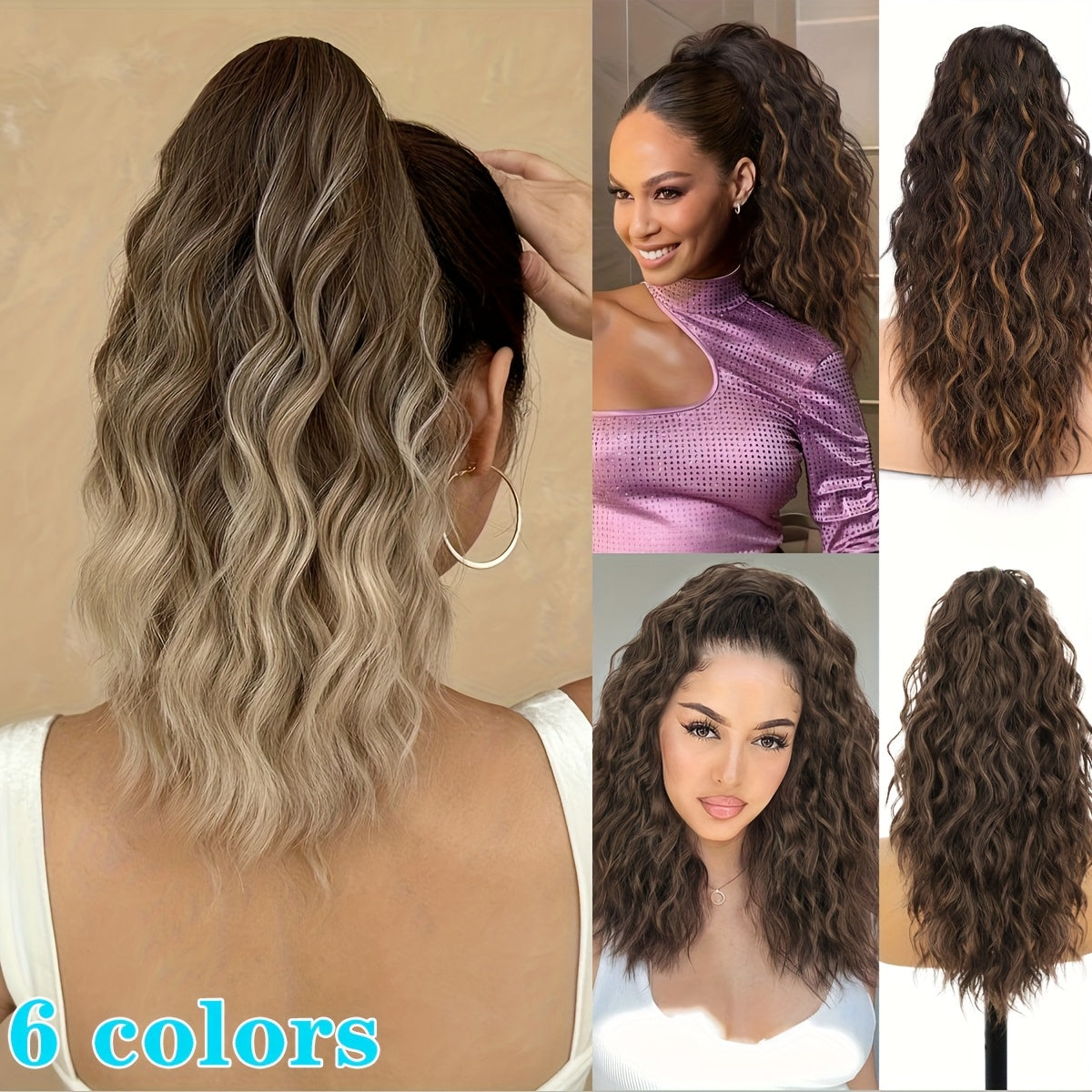 Ombre Color Claw Ponytail Extension Hair Accessories 35.56 cm Long Wave Heat Resistant Fiber Synthetic Ponytail Hairpiece for Women Daily Used