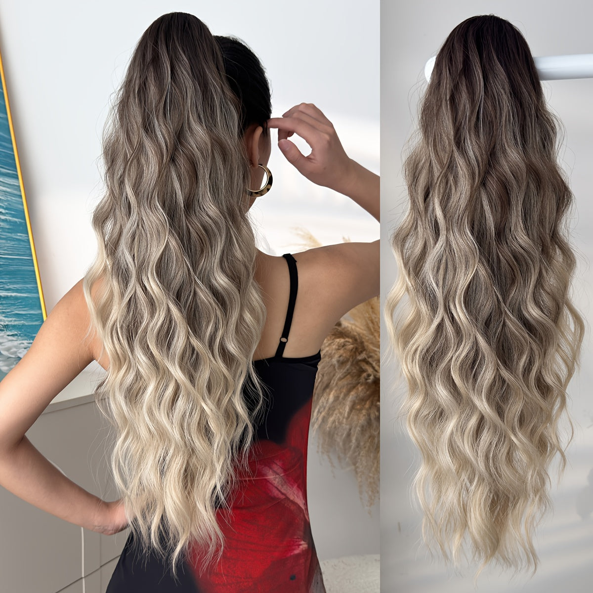 Dark brown black claw shaped ponytail extension light brown 60.96 cm water wave heat-resistant fiber synthetic ponytail wig, suitable for short hair accessories for Women's daily use