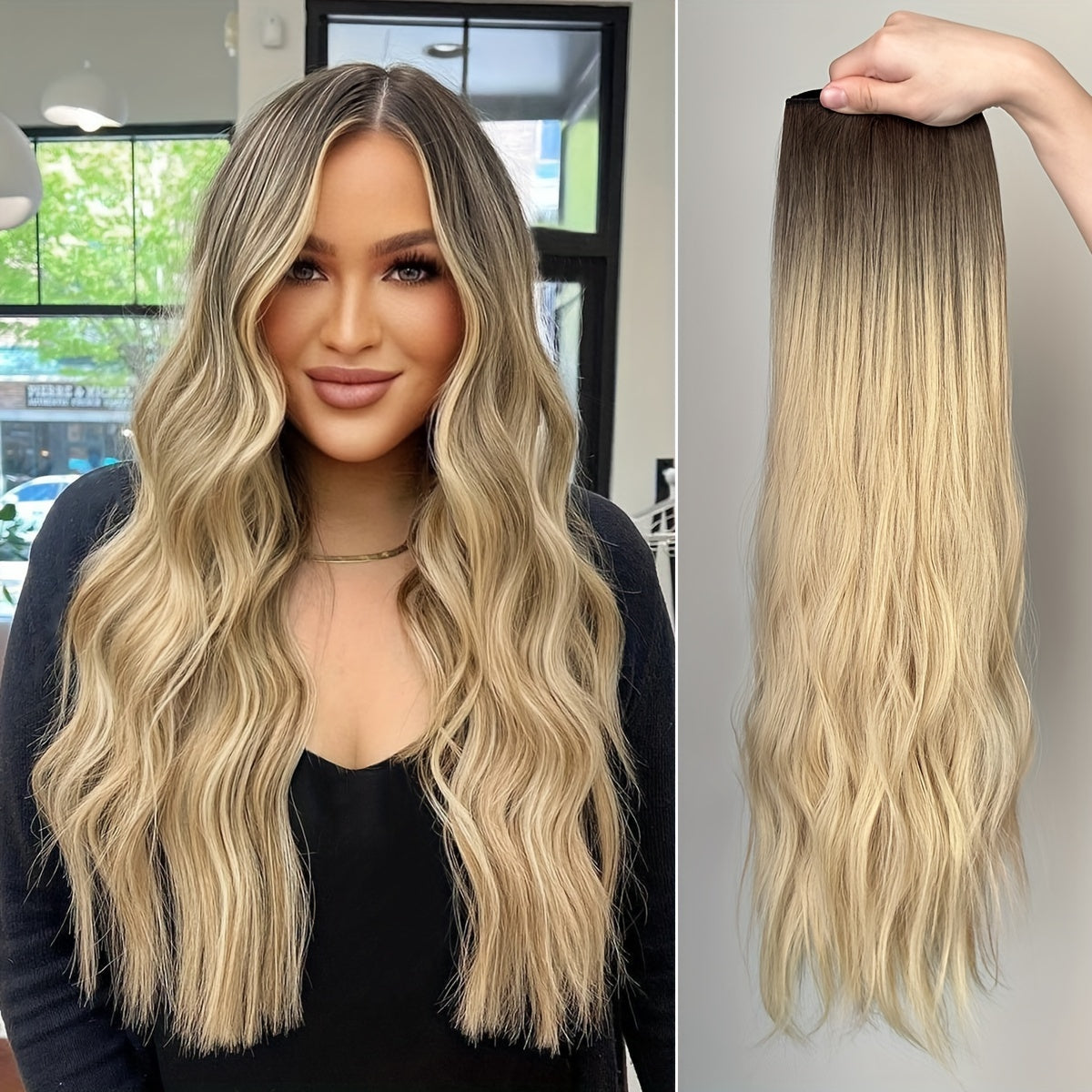 YUSULAXI 60.96 cm V-Shaped Clip-In Hair Extensions, Unisex-Adult, Long Wave Curly, Ombre Black Brown, High Temperature Fiber Synthetic Hairpiece
