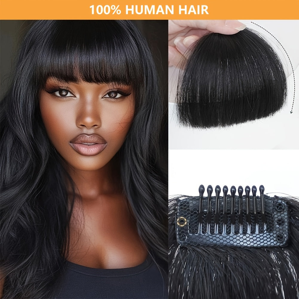 Clip-In Human Hair Straight Bangs Extension for Women - Elegant Daily Wear Hairpiece, Black, Easy to Use, Natural Look, Perfect for All Ethnicities, Daily Hair Styling | Sleek Straight Hair | Textured Hairpiece