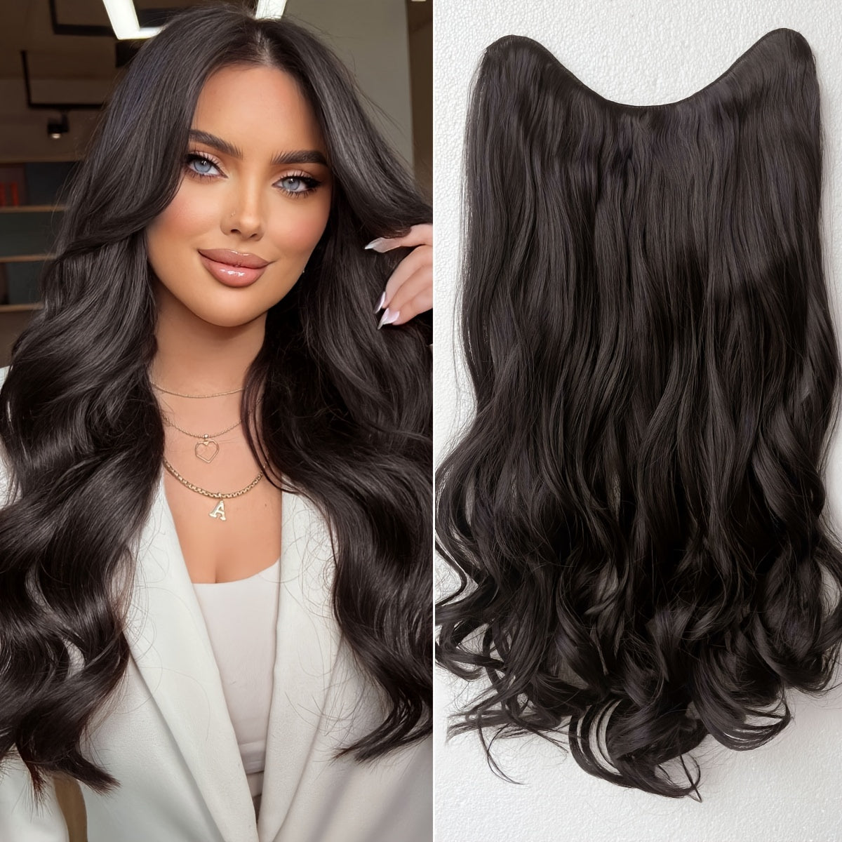 YUSULAXI 60.96 cm V-Shaped Clip-In Hair Extensions, Unisex-Adult, Long Wave Curly, Ombre Black Brown, High Temperature Fiber Synthetic Hairpiece