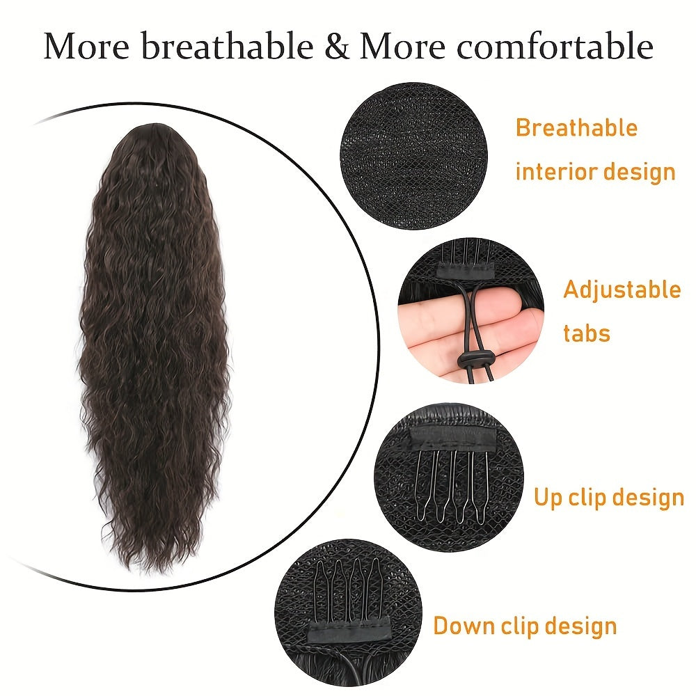 66.04 cm Long Curly Wavy Drawstring Ponytail, Synthetic Heat Resistant Hair Extensions, Basic Style for Women, High Temperature Fiber, Natural Look