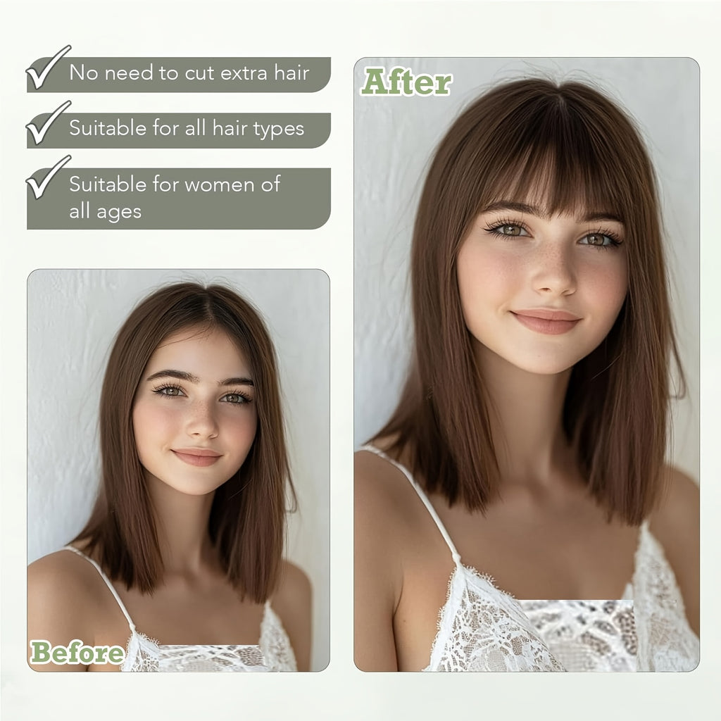 Real Human Hair Clip-In Fringe Bangs with Temples - 100% Real Human Hair Straight Hairpiece for Women, Elegant Style for Wedding, Party, Daily Use & Halloween/Christmas Hair, Cute Hair Accessories, Party Hairpiece, Natural Look Hairpiece