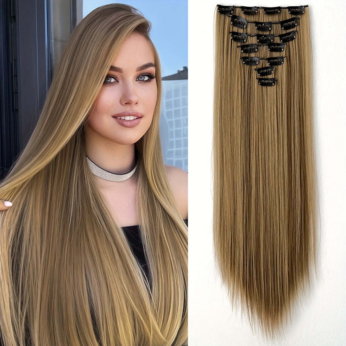 YUSULAXI 22 Inch Long Wavy Clip-In Synthetic Hair Extensions | Gradient Blonde to Brown | Versatile & Natural-Looking for All Genders and Ethnicities