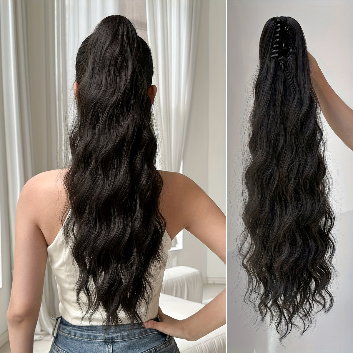 Dark brown black claw shaped ponytail extension light brown 60.96 cm water wave heat-resistant fiber synthetic ponytail wig, suitable for short hair accessories for Women's daily use