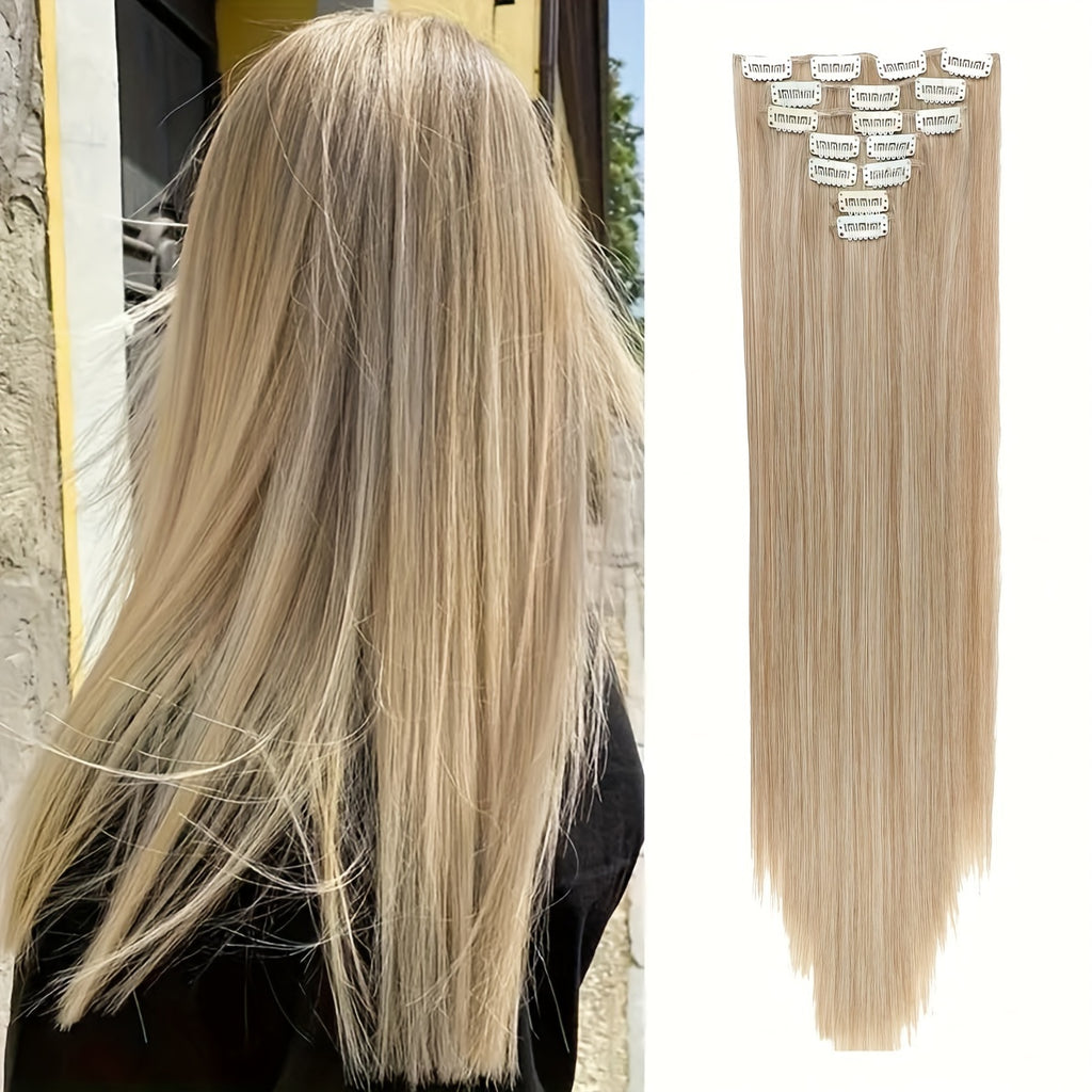 YUSULAXI 22 Inch Long Wavy Clip-In Synthetic Hair Extensions | Gradient Blonde to Brown | Versatile & Natural-Looking for All Genders and Ethnicities