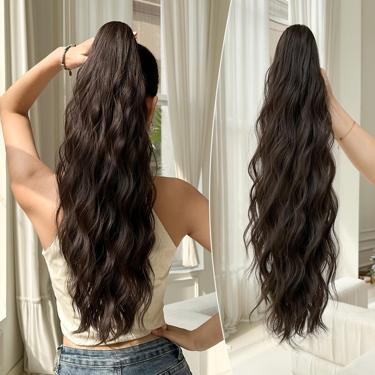 Dark brown black claw shaped ponytail extension light brown 60.96 cm water wave heat-resistant fiber synthetic ponytail wig, suitable for short hair accessories for Women's daily use