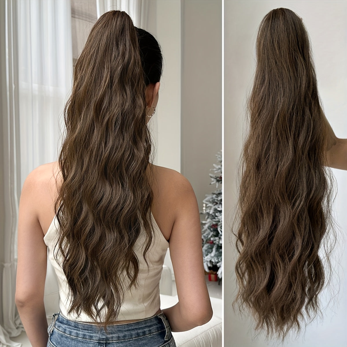 Dark brown black claw shaped ponytail extension light brown 60.96 cm water wave heat-resistant fiber synthetic ponytail wig, suitable for short hair accessories for Women's daily use