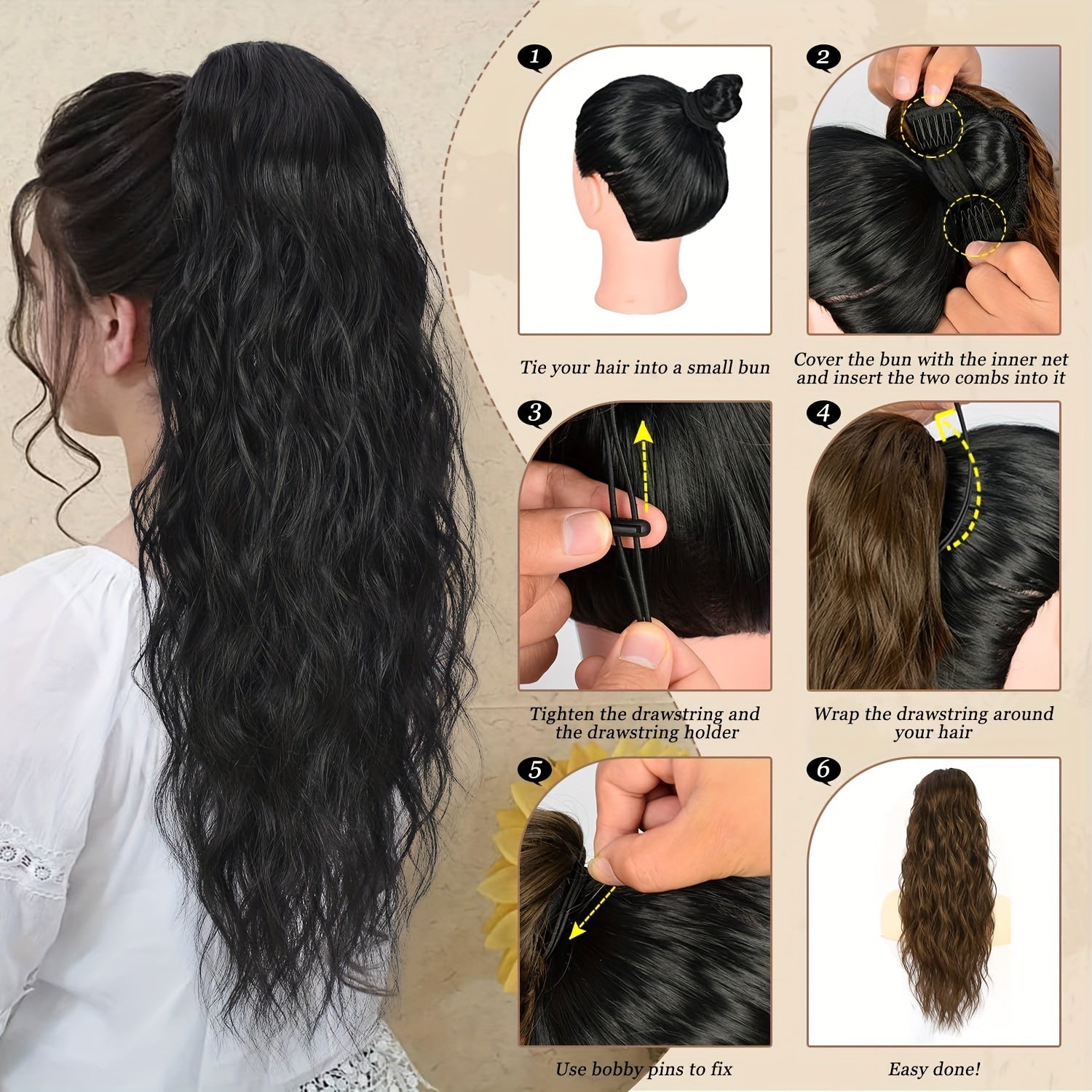 66.04 cm Long Curly Wavy Drawstring Ponytail, Synthetic Heat Resistant Hair Extensions, Basic Style for Women, High Temperature Fiber, Natural Look
