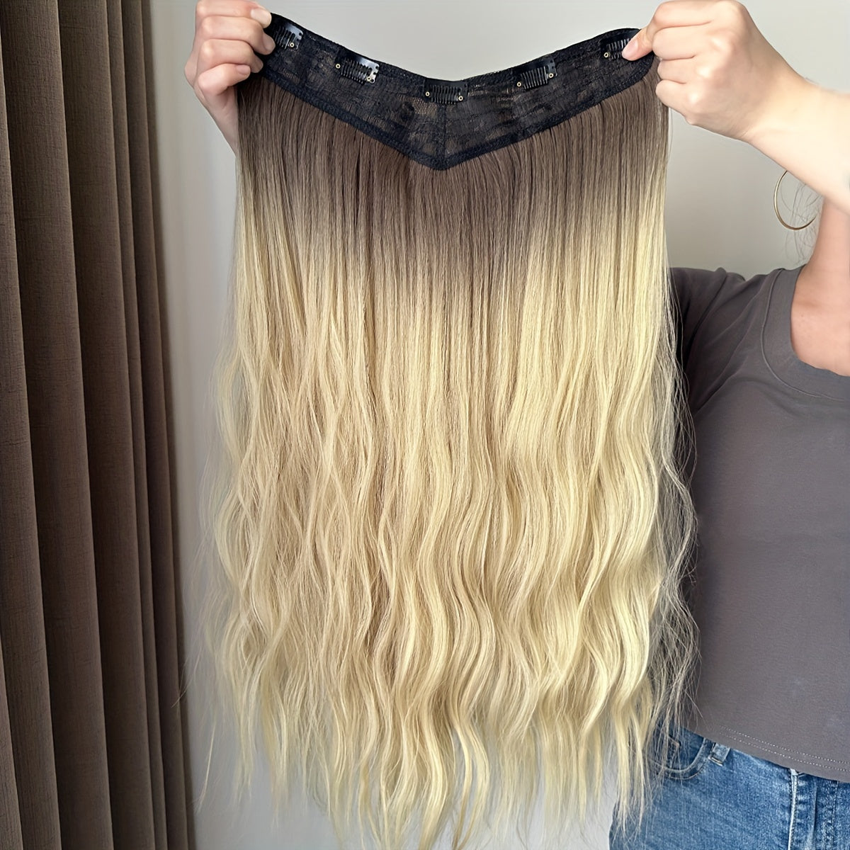 YUSULAXI 60.96 cm V-Shaped Clip-In Hair Extensions, Unisex-Adult, Long Wave Curly, Ombre Black Brown, High Temperature Fiber Synthetic Hairpiece