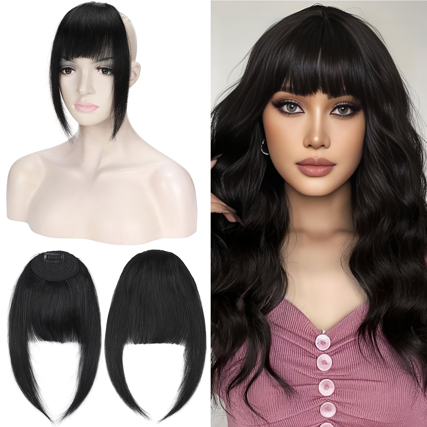 Real Human Hair Clip-In Fringe Bangs with Temples - 100% Real Human Hair Straight Hairpiece for Women, Elegant Style for Wedding, Party, Daily Use & Halloween/Christmas Hair, Cute Hair Accessories, Party Hairpiece, Natural Look Hairpiece