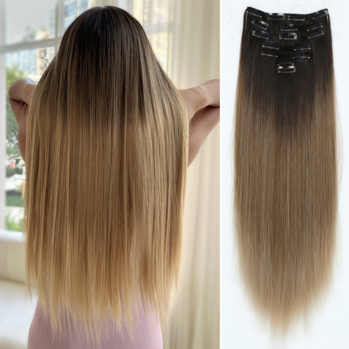 YUSULAXI 22 Inch Long Wavy Clip-In Synthetic Hair Extensions | Gradient Blonde to Brown | Versatile & Natural-Looking for All Genders and Ethnicities