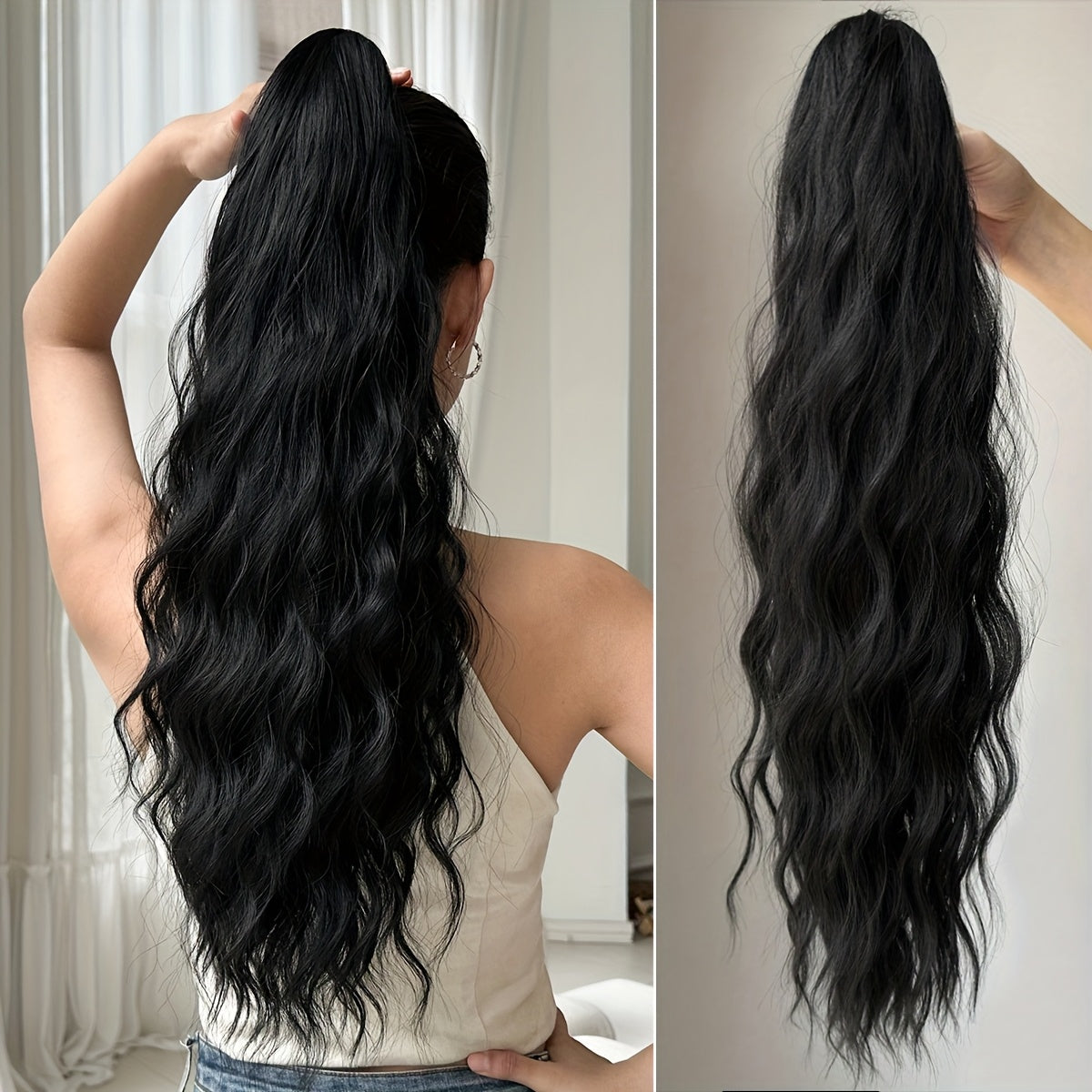 Dark brown black claw shaped ponytail extension light brown 60.96 cm water wave heat-resistant fiber synthetic ponytail wig, suitable for short hair accessories for Women's daily use