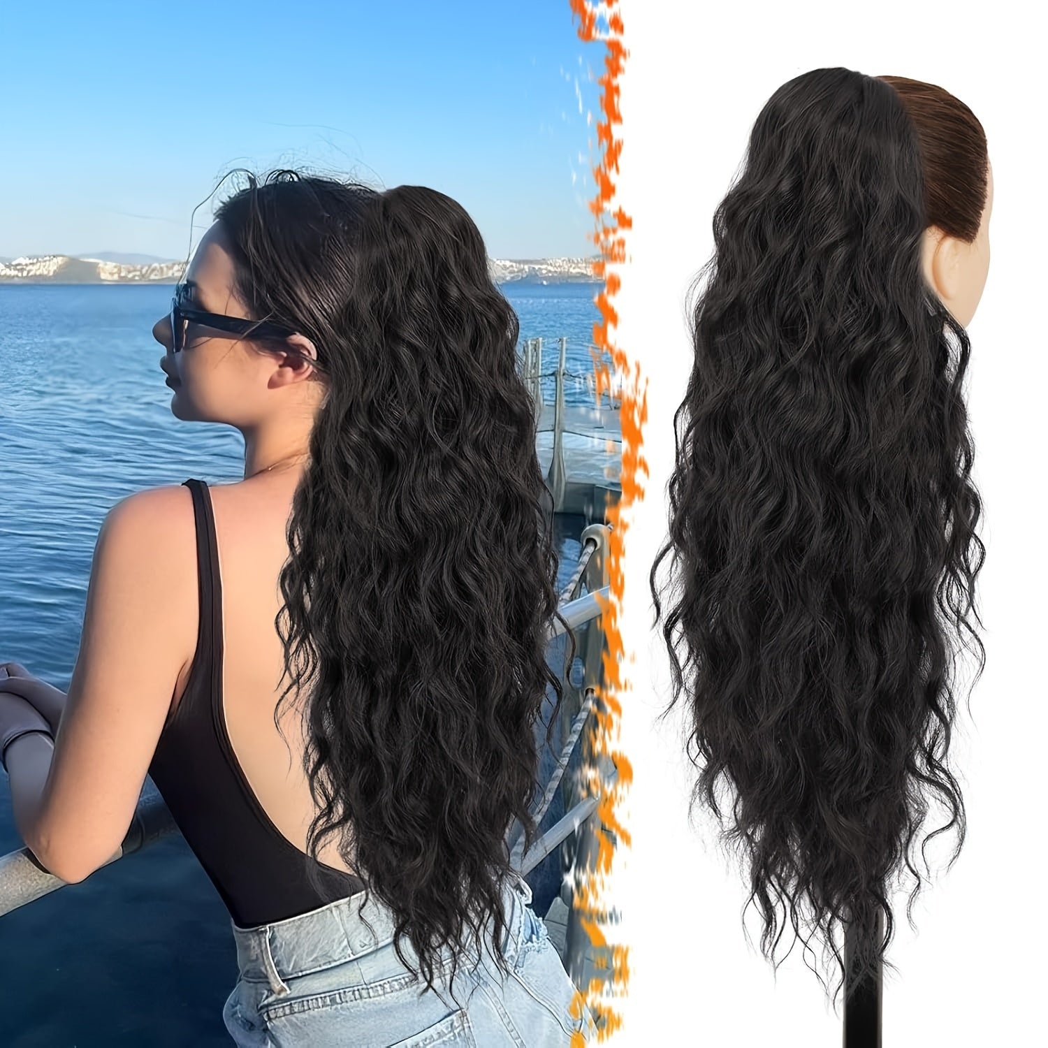 [Wavy Ponytail] 26" Long Heat-Resistant Synthetic Wavy Ponytail Extension for Women | Clip-In Design, Voluminous Curly Wave Style, Black Hairpiece, Secure Clipin Attachment