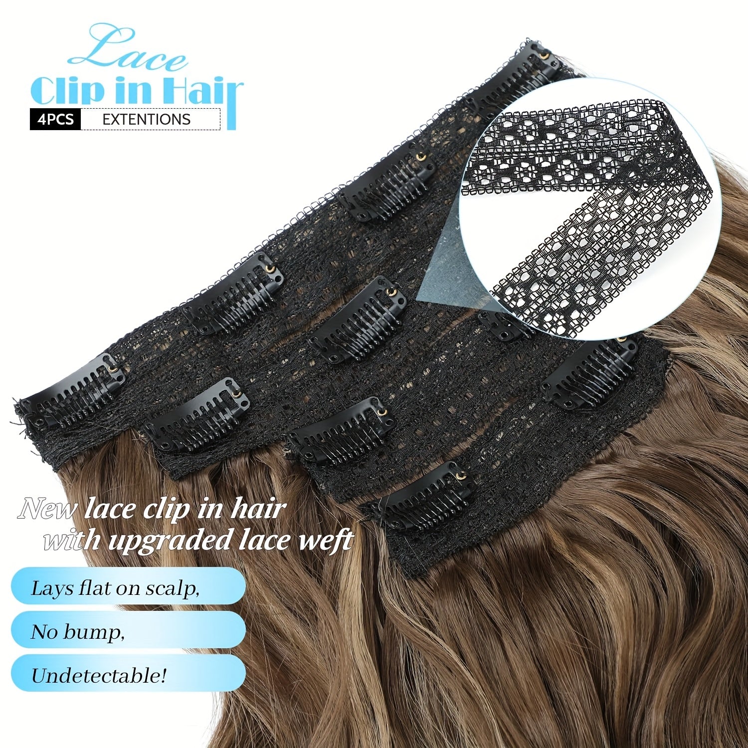 Clip in Hair Extensions for Women - 14" Short Curly Wavy Hair Extensions - 4pcs Invisible Lace Weft, Natural Soft Hairpieces for Daily Party