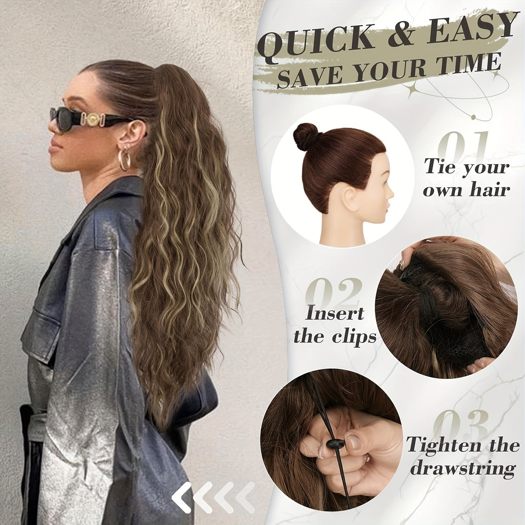 [Wavy Ponytail] 26" Long Heat-Resistant Synthetic Wavy Ponytail Extension for Women | Clip-In Design, Voluminous Curly Wave Style, Black Hairpiece, Secure Clipin Attachment