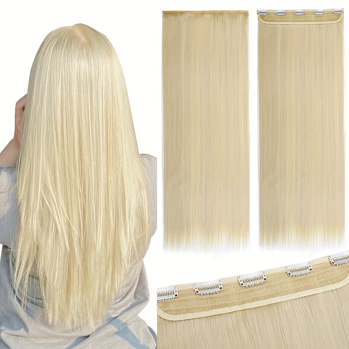 1pc 76.2cm Straight Clip-In Hair Extensions for Women - #613C Blonde Synthetic Hairpiece with 5 Secure Clips, Seamless Blending for Added Volume & Length, Fit All Hair Types & Ethnicities, Quick Hairstyle Transformation, Natural Appearance