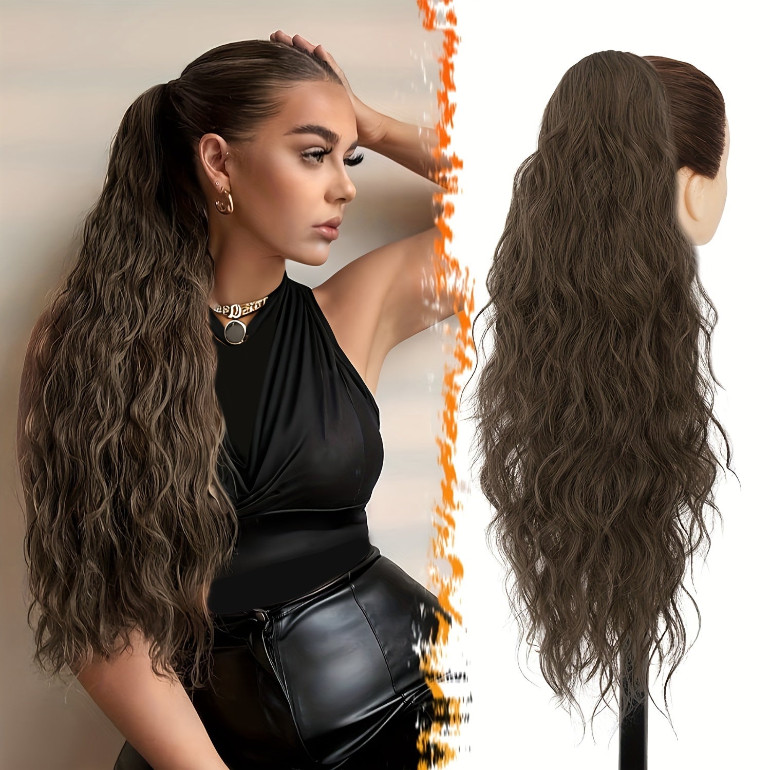 [Wavy Ponytail] 26" Long Heat-Resistant Synthetic Wavy Ponytail Extension for Women | Clip-In Design, Voluminous Curly Wave Style, Black Hairpiece, Secure Clipin Attachment