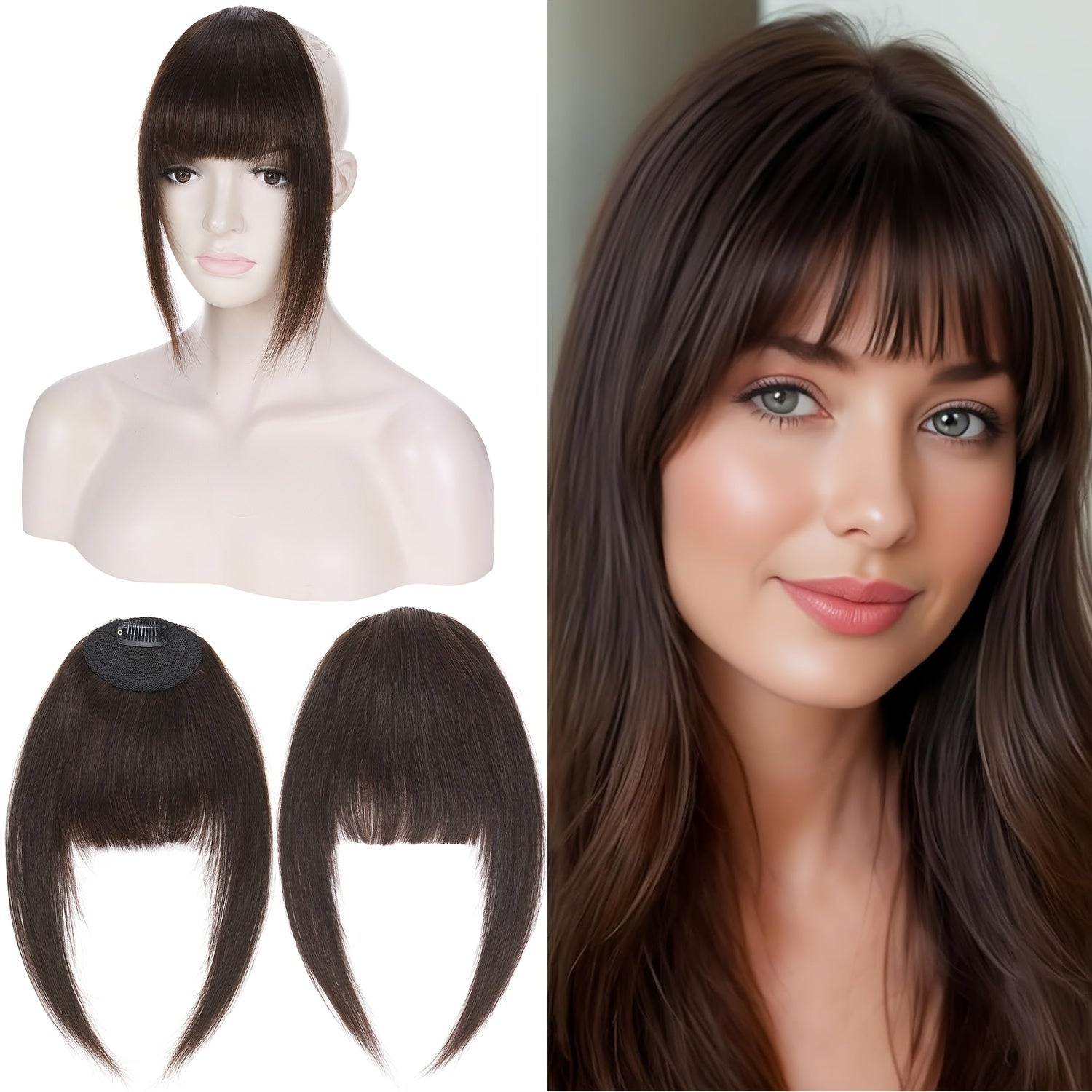 Real Human Hair Clip-In Fringe Bangs with Temples - 100% Real Human Hair Straight Hairpiece for Women, Elegant Style for Wedding, Party, Daily Use & Halloween/Christmas Hair, Cute Hair Accessories, Party Hairpiece, Natural Look Hairpiece