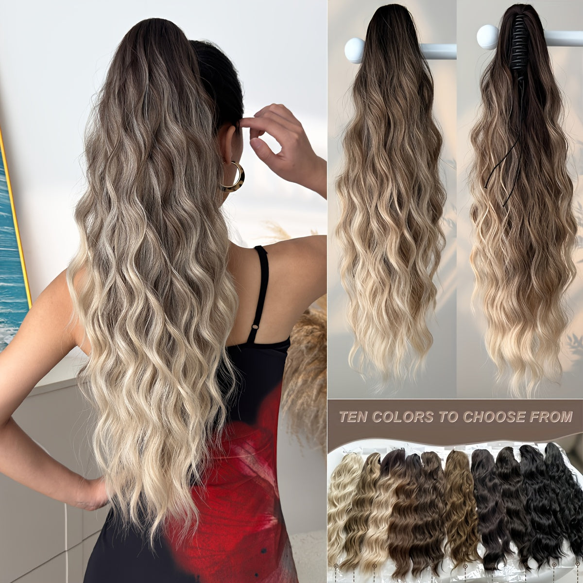 Dark brown black claw shaped ponytail extension light brown 60.96 cm water wave heat-resistant fiber synthetic ponytail wig, suitable for short hair accessories for Women's daily use