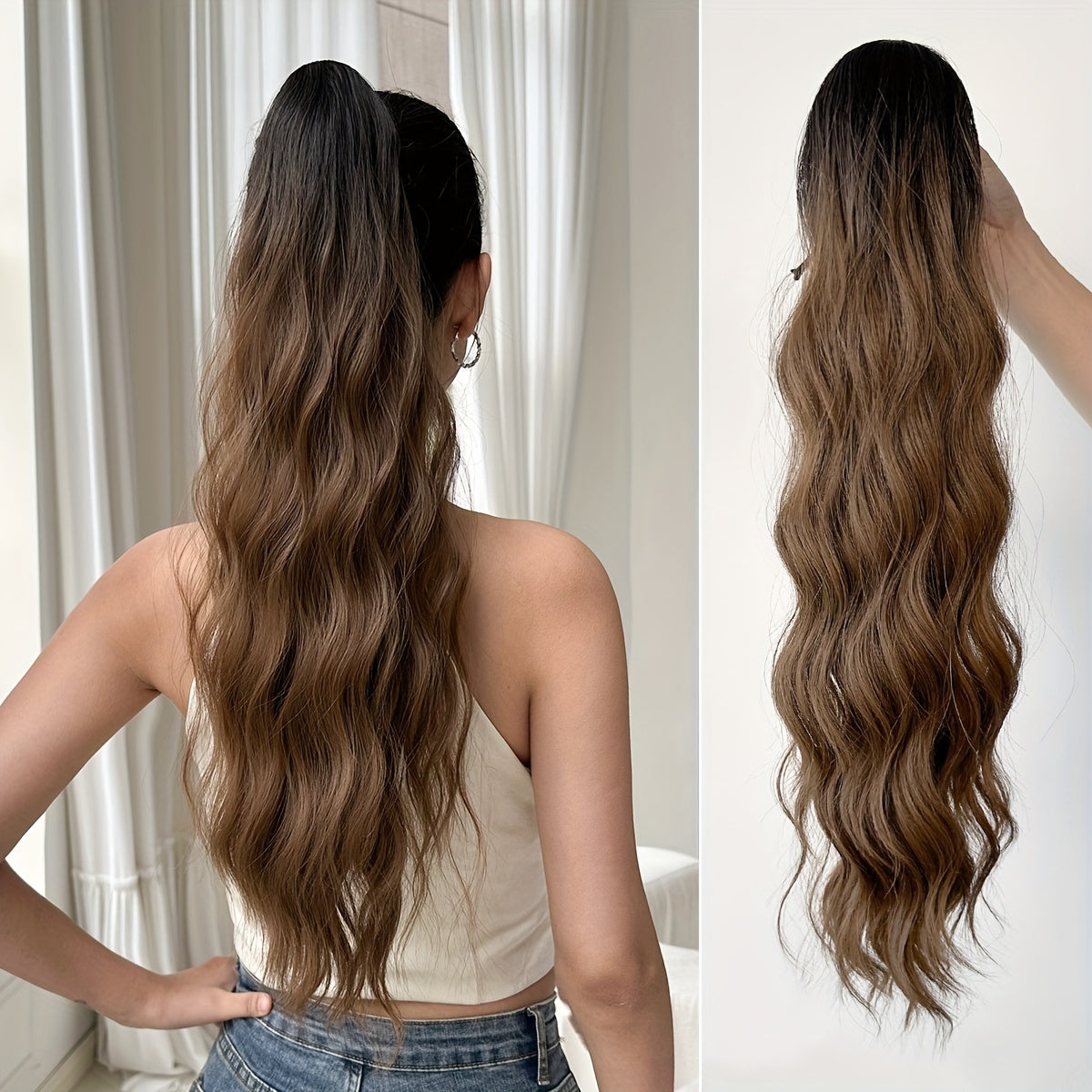 Dark brown black claw shaped ponytail extension light brown 60.96 cm water wave heat-resistant fiber synthetic ponytail wig, suitable for short hair accessories for Women's daily use