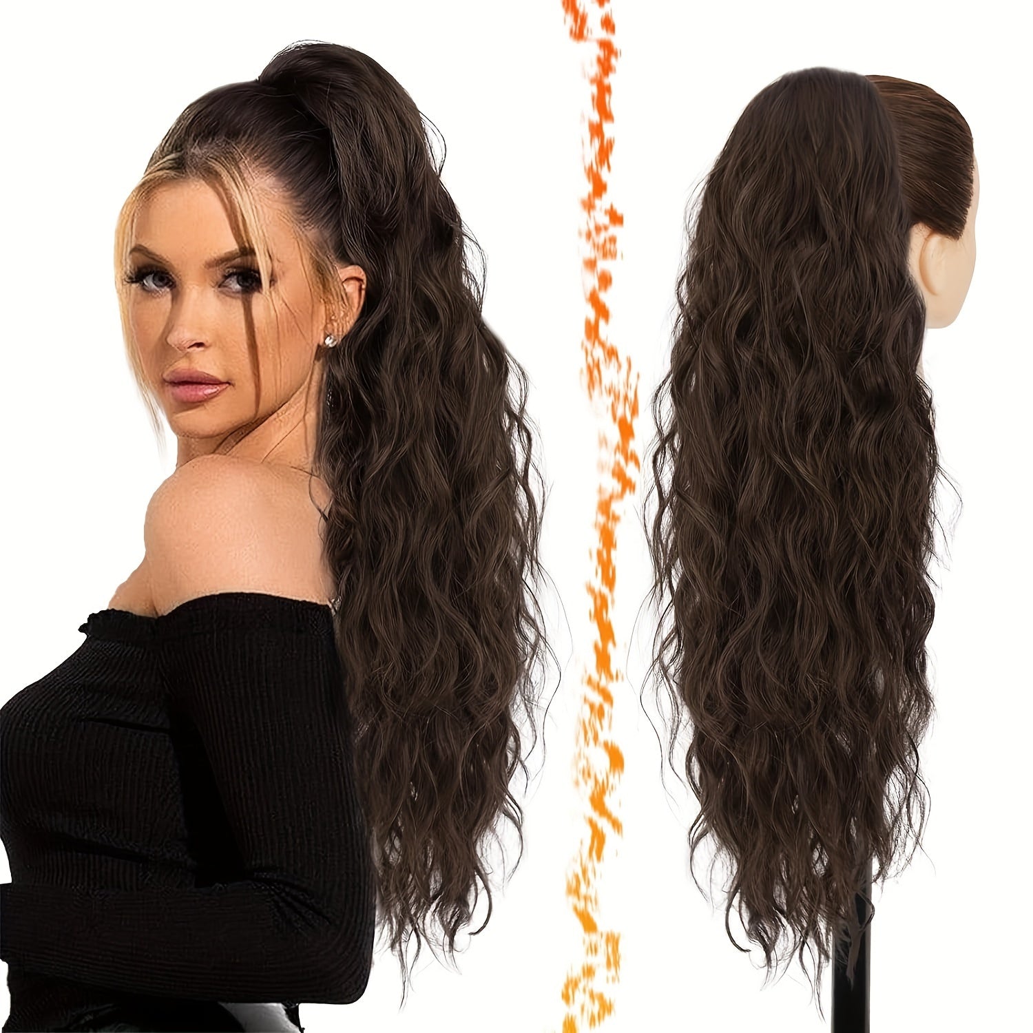 [Wavy Ponytail] 26" Long Heat-Resistant Synthetic Wavy Ponytail Extension for Women | Clip-In Design, Voluminous Curly Wave Style, Black Hairpiece, Secure Clipin Attachment