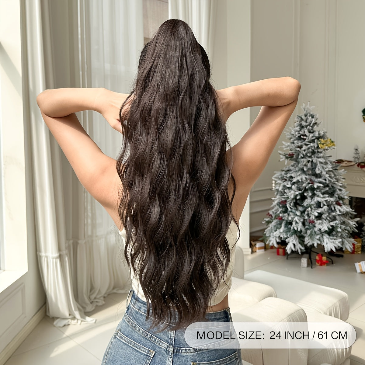 Dark brown black claw shaped ponytail extension light brown 60.96 cm water wave heat-resistant fiber synthetic ponytail wig, suitable for short hair accessories for Women's daily use