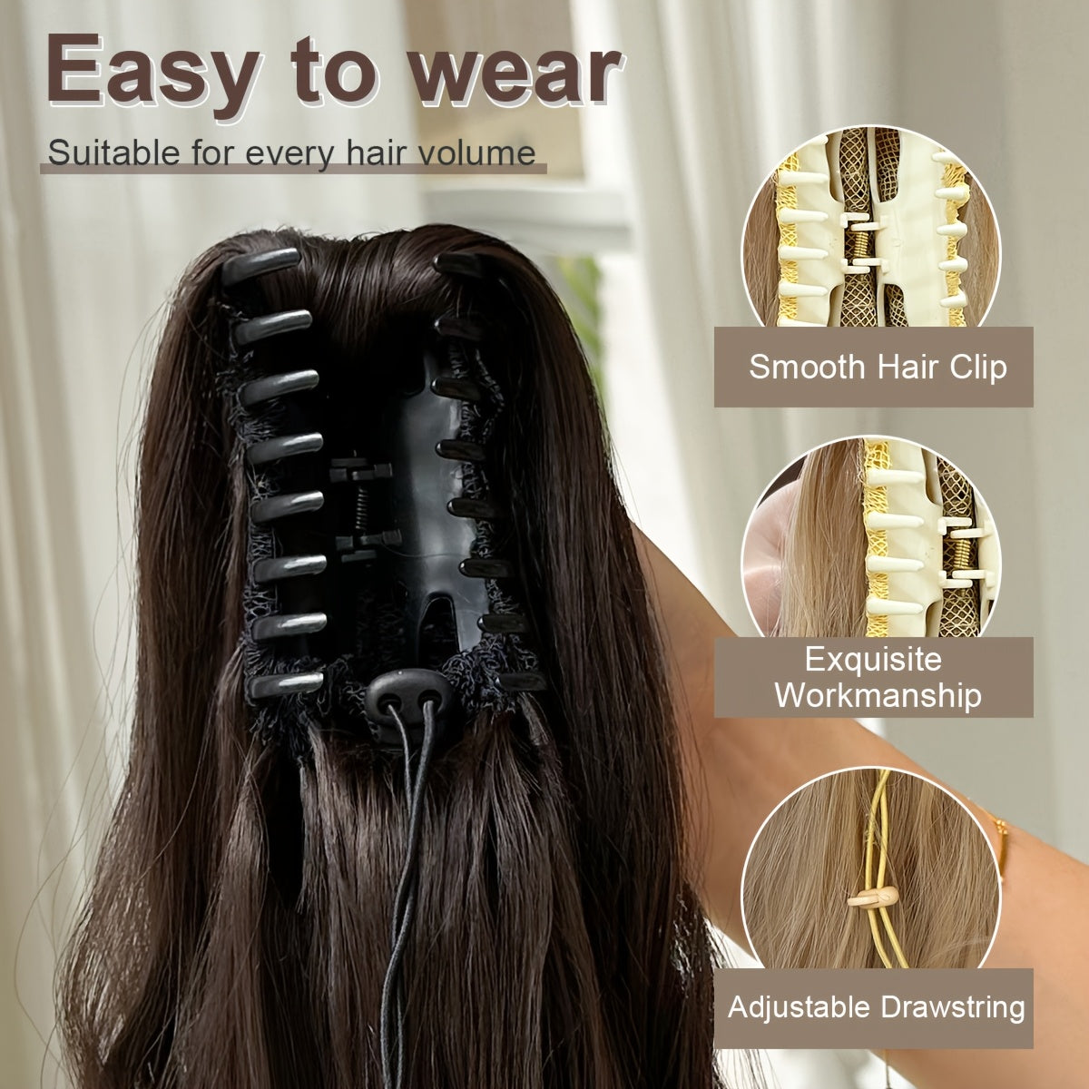 Dark brown black claw shaped ponytail extension light brown 60.96 cm water wave heat-resistant fiber synthetic ponytail wig, suitable for short hair accessories for Women's daily use