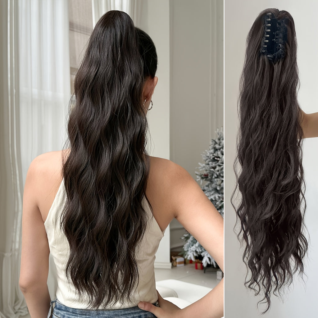 Dark brown black claw shaped ponytail extension light brown 60.96 cm water wave heat-resistant fiber synthetic ponytail wig, suitable for short hair accessories for Women's daily use