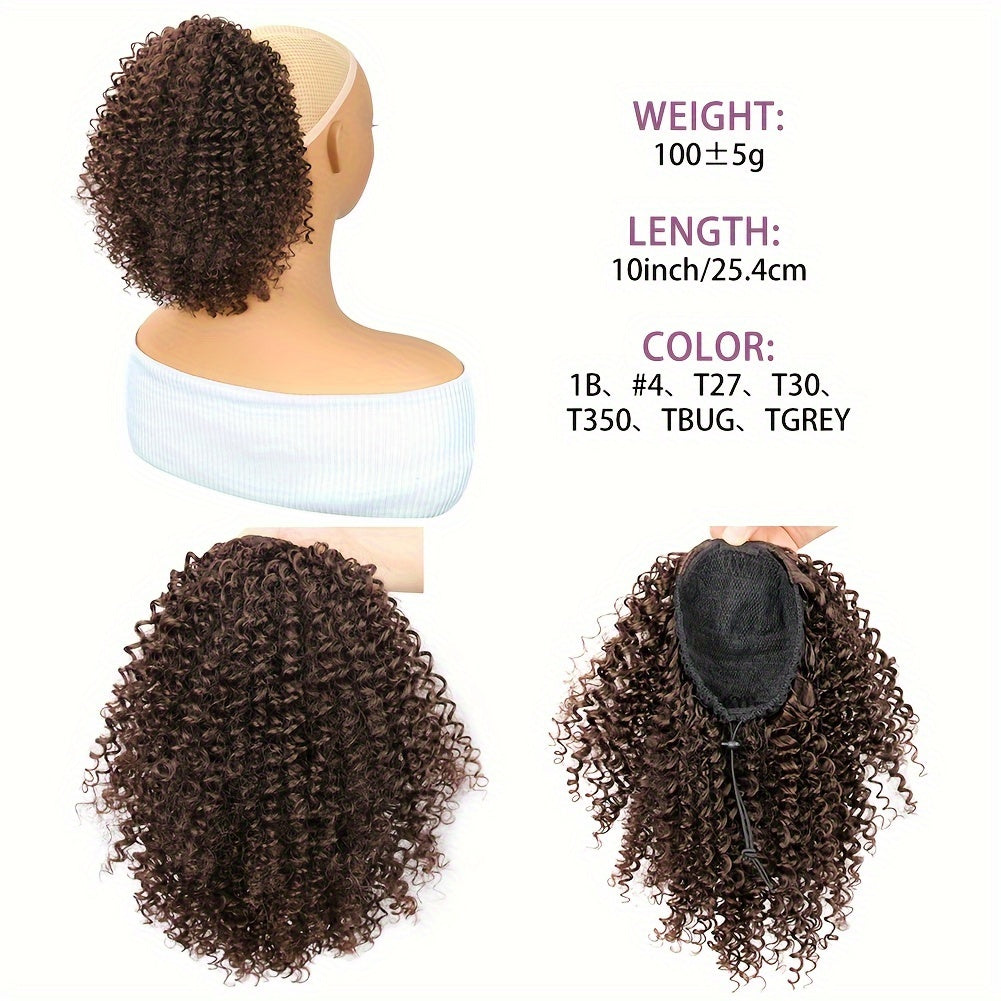 Mtmei Hair 25.4cm Short Afro Kinky Curly Drawstring Ponytail - Voluminous Synthetic Clip-In Hair Extension, High-Temperature Fiber, Easy Style for All Women, Ponytail Hair Extensions