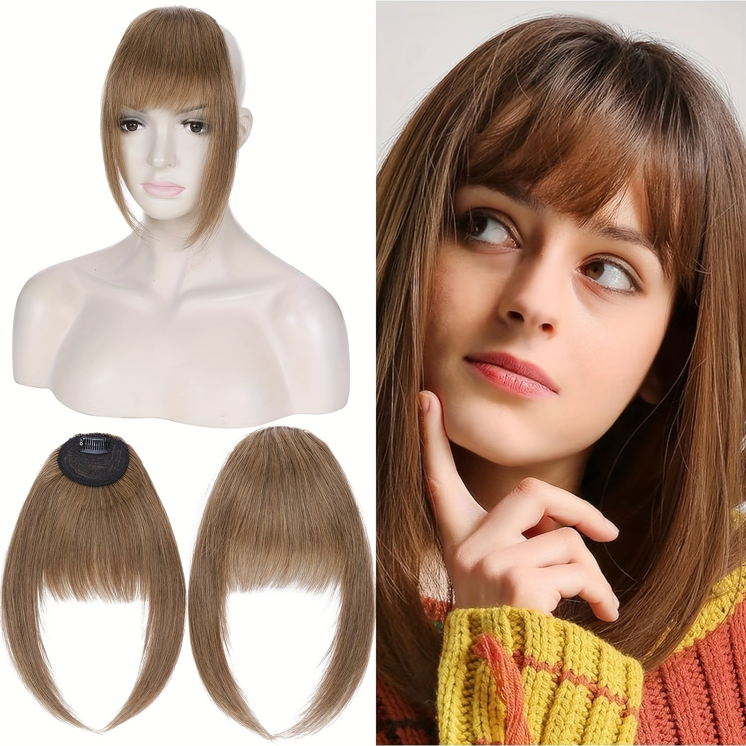 Real Human Hair Clip-In Fringe Bangs with Temples - 100% Real Human Hair Straight Hairpiece for Women, Elegant Style for Wedding, Party, Daily Use & Halloween/Christmas Hair, Cute Hair Accessories, Party Hairpiece, Natural Look Hairpiece