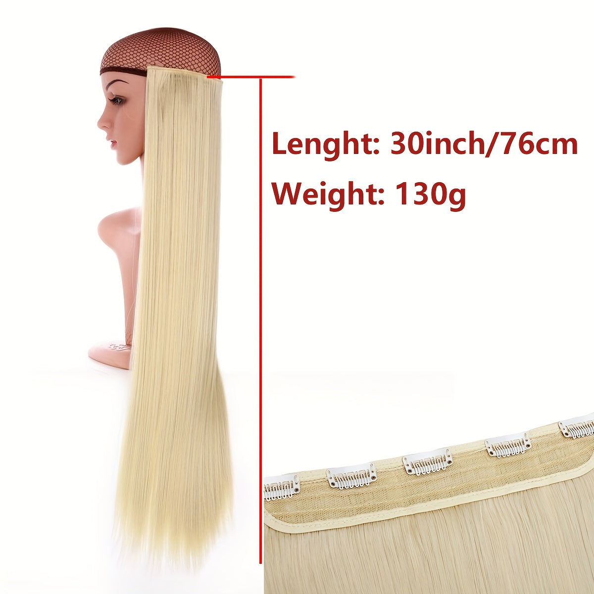 1pc 76.2cm Straight Clip-In Hair Extensions for Women - #613C Blonde Synthetic Hairpiece with 5 Secure Clips, Seamless Blending for Added Volume & Length, Fit All Hair Types & Ethnicities, Quick Hairstyle Transformation, Natural Appearance