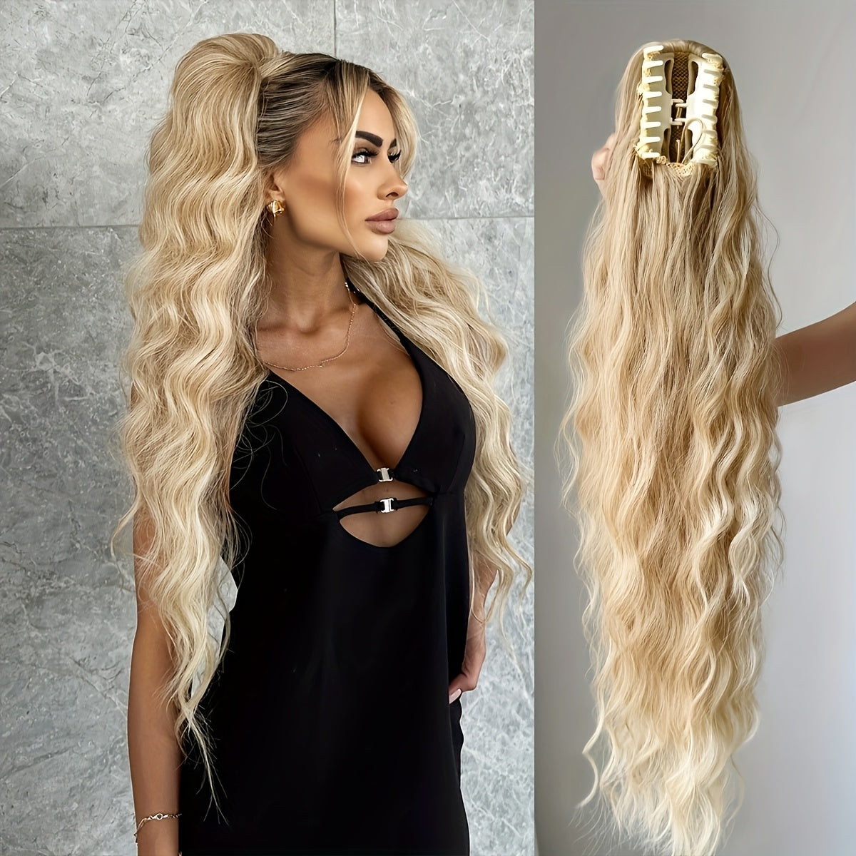 Claw ponytail extension hair Blonde 71.12 cm long water wave heat-resistant fiber synthetic ponytail suitable for Women's daily use