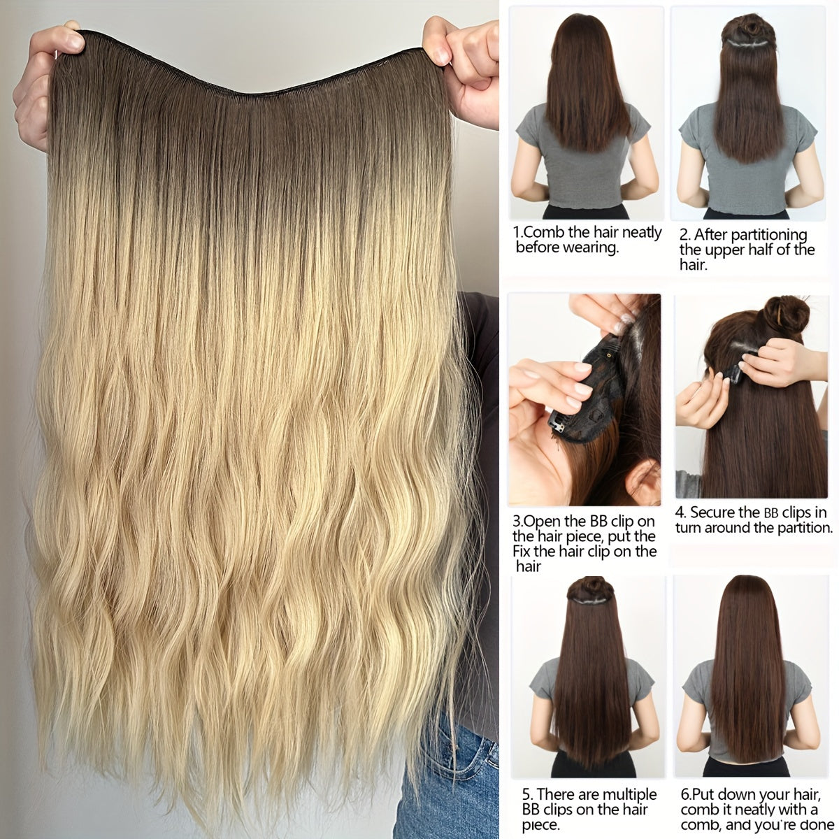 YUSULAXI 60.96 cm V-Shaped Clip-In Hair Extensions, Unisex-Adult, Long Wave Curly, Ombre Black Brown, High Temperature Fiber Synthetic Hairpiece