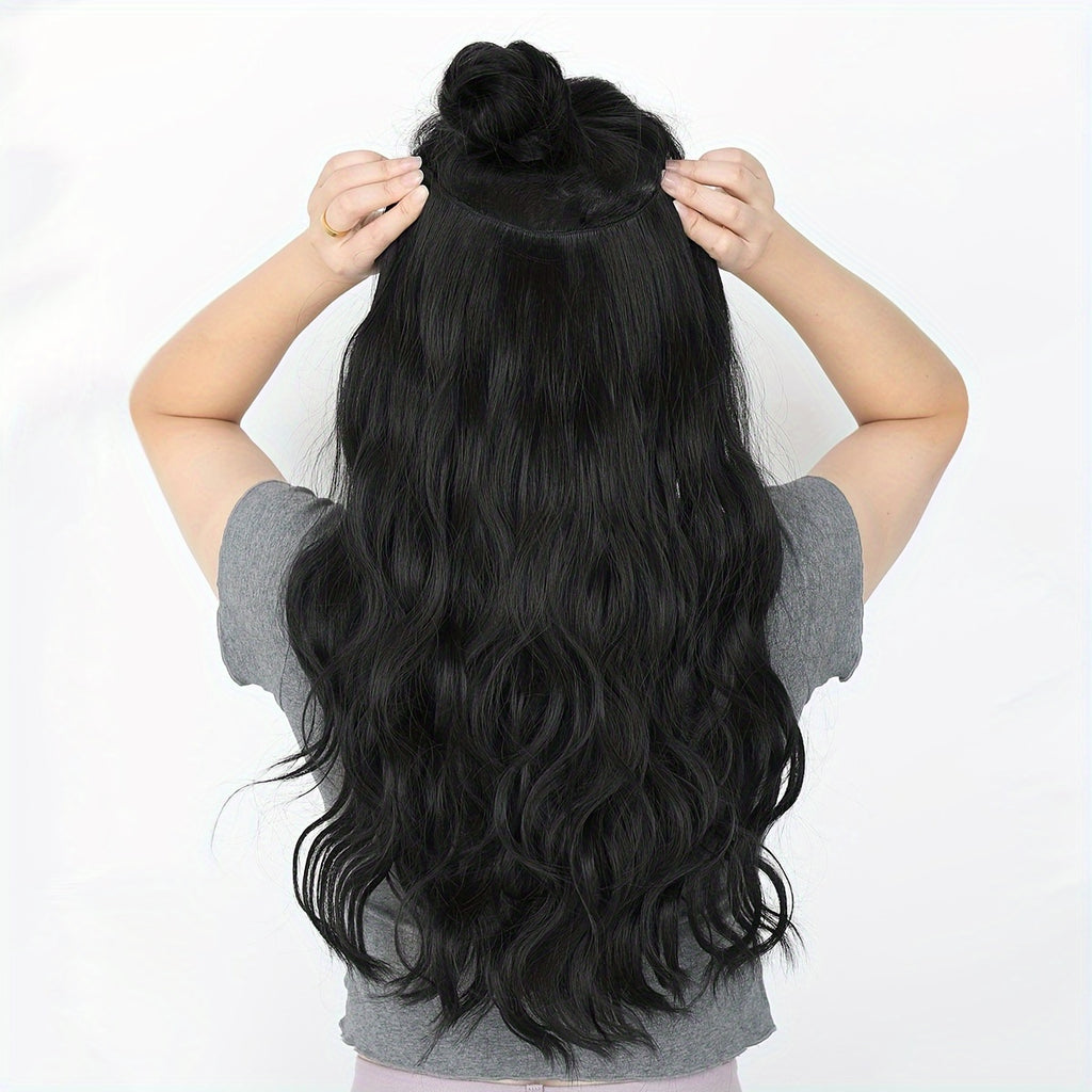 YUSULAXI 60.96 cm V-Shaped Clip-In Hair Extensions, Unisex-Adult, Long Wave Curly, Ombre Black Brown, High Temperature Fiber Synthetic Hairpiece