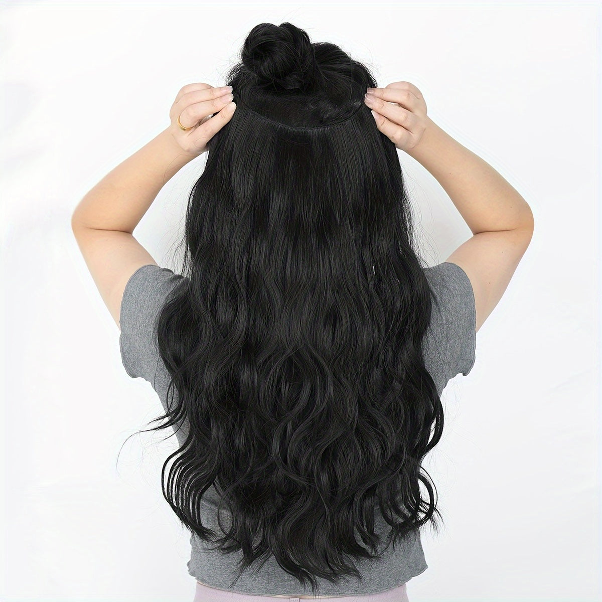 YUSULAXI 60.96 cm V-Shaped Clip-In Hair Extensions, Unisex-Adult, Long Wave Curly, Ombre Black Brown, High Temperature Fiber Synthetic Hairpiece