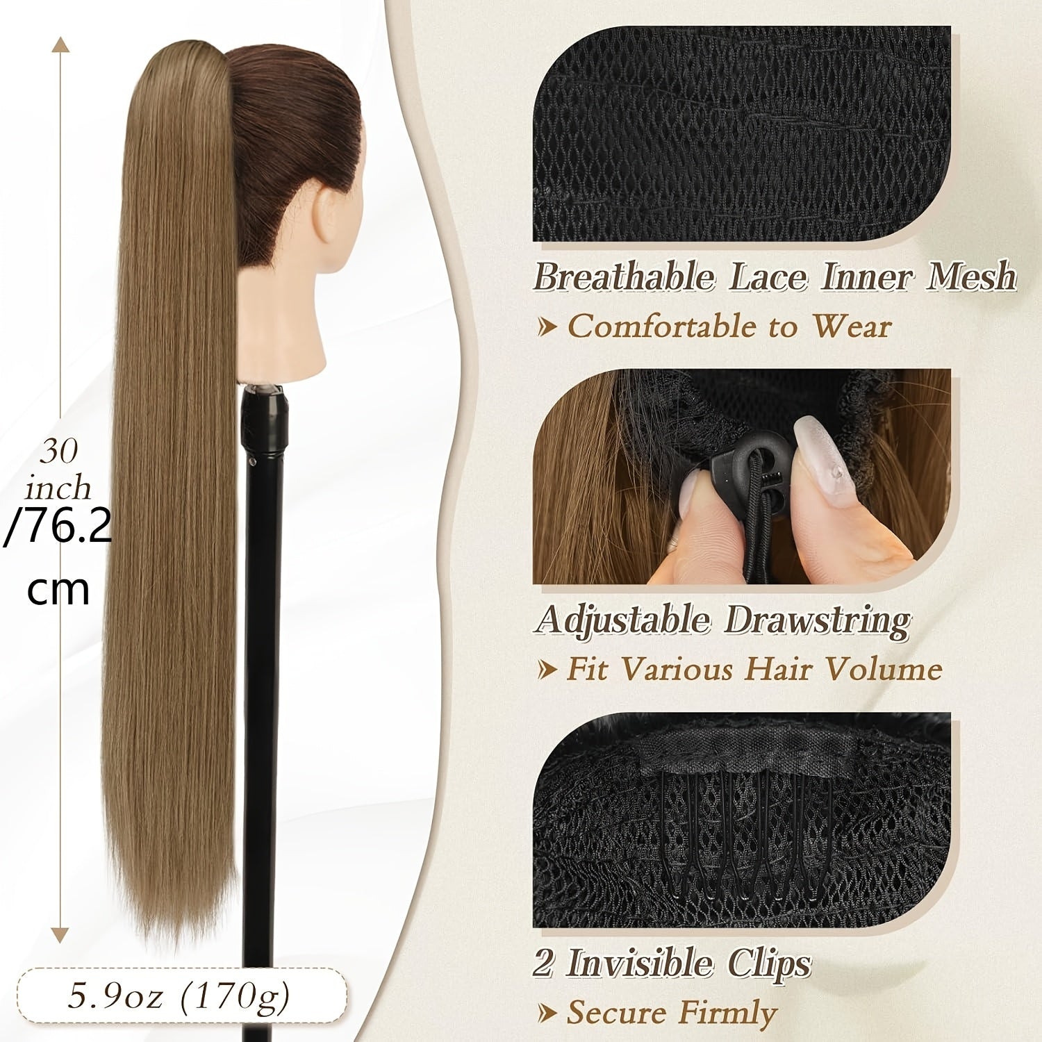BARSDAR Brown Ponytail Extension, 76.2 cm Long Straight Drawstring Ponytail Hair Extensions Synthetic Clip In Pony Tails Hairpieces Fake Straight Ponytail For Women Girls Daily