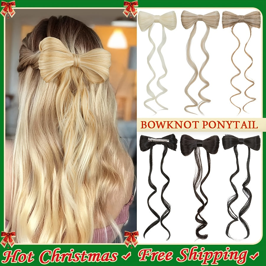 14inch/35cm Bowknot Synthetic Hairpiece With Ponytail Cute Natural Curly Hair Clip In Hair Extensions Styling Clip Decorative Hair Clip Hairpieces Highlight Black Brown Bleach Blonde Easy To Wear For Women Daily Party Dating Christmas Use