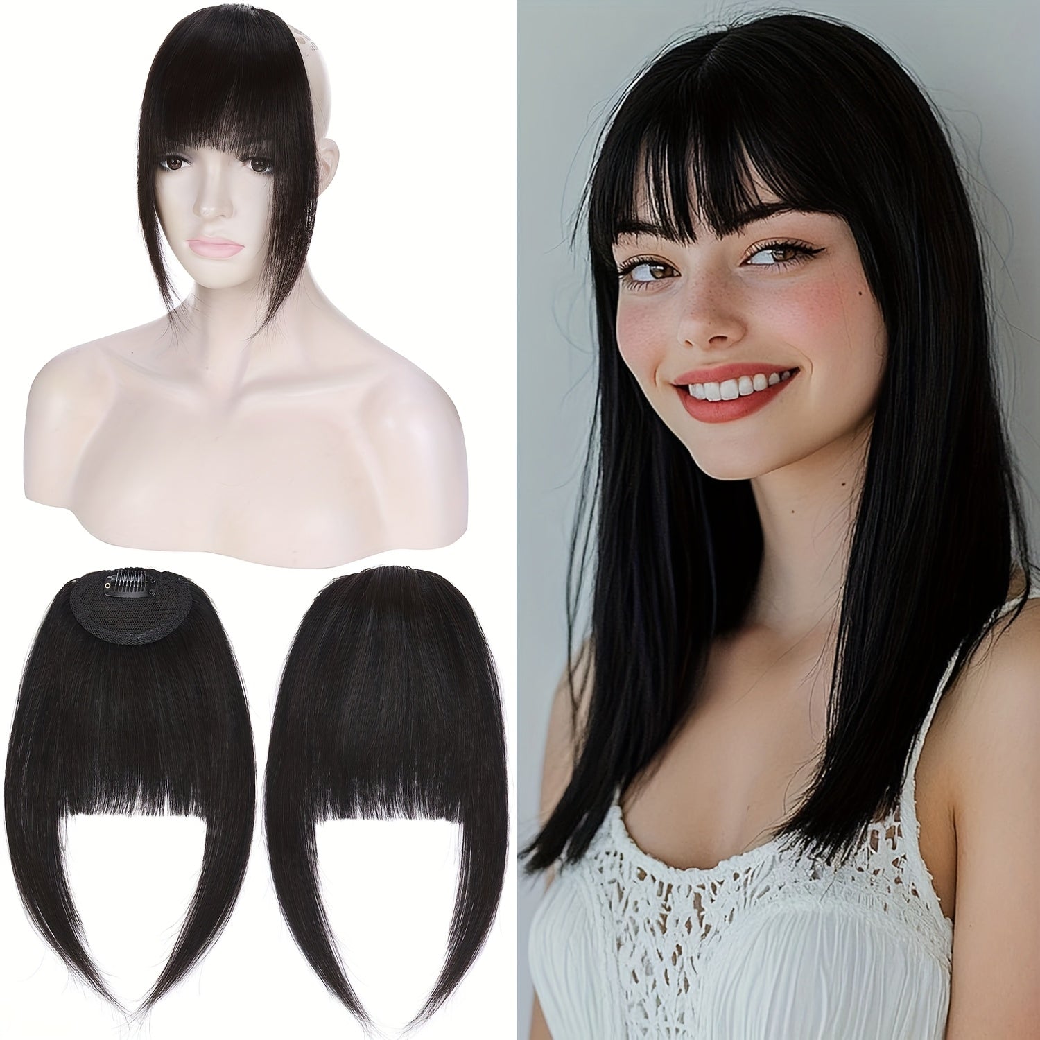 Real Human Hair Clip-In Fringe Bangs with Temples - 100% Real Human Hair Straight Hairpiece for Women, Elegant Style for Wedding, Party, Daily Use & Halloween/Christmas Hair, Cute Hair Accessories, Party Hairpiece, Natural Look Hairpiece