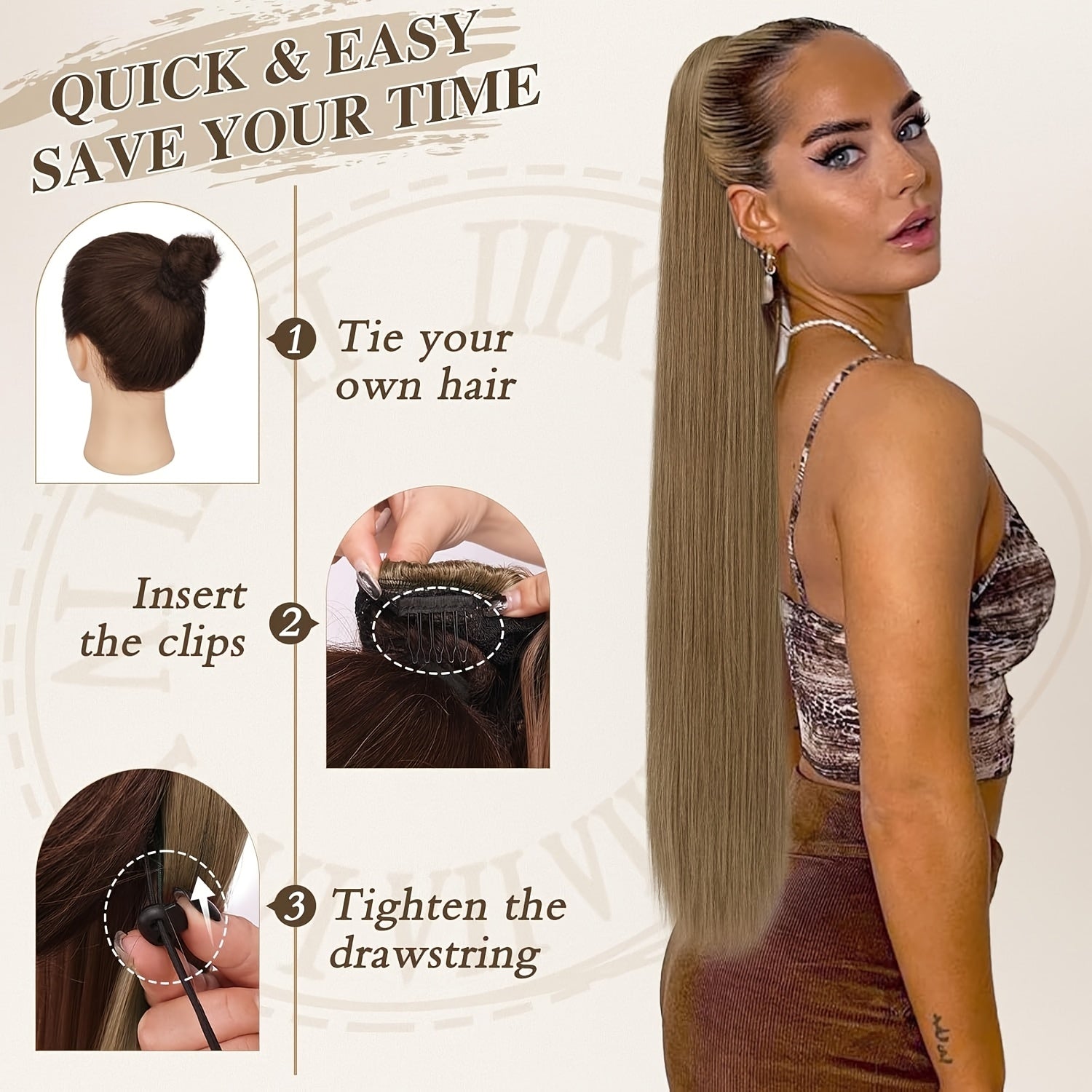 BARSDAR Brown Ponytail Extension, 76.2 cm Long Straight Drawstring Ponytail Hair Extensions Synthetic Clip In Pony Tails Hairpieces Fake Straight Ponytail For Women Girls Daily