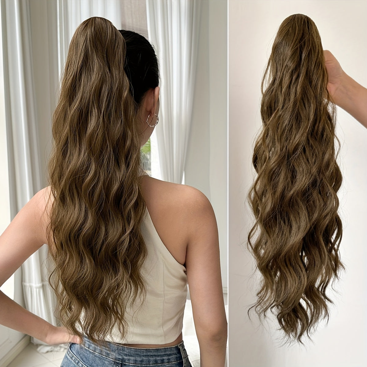 Dark brown black claw shaped ponytail extension light brown 60.96 cm water wave heat-resistant fiber synthetic ponytail wig, suitable for short hair accessories for Women's daily use