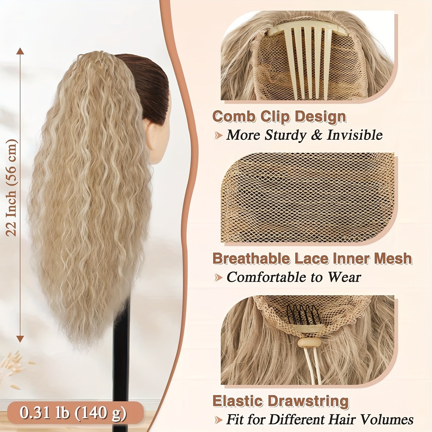 BARSDAR Curly Wavy Drawstring Ponytail Extension 55.88 cm Synthetic Comb Clip in Ponytails Hairpiece for Women Voluminous Natural Looking Ponytail Hair Extensions Fake Ponytails