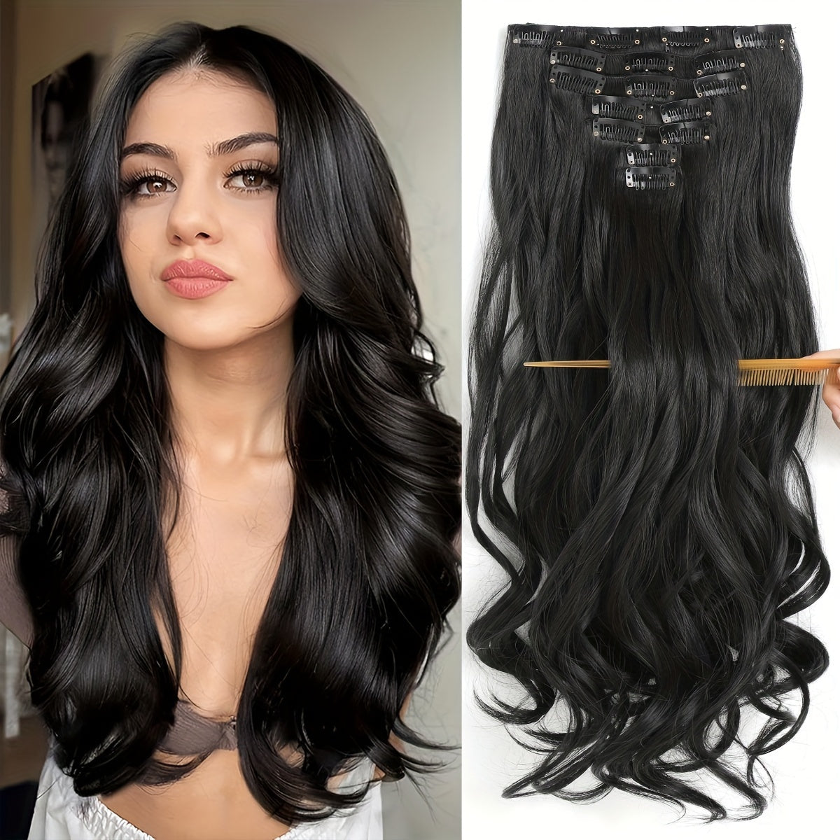 YUSULAXI 22 Inch Long Wavy Clip-In Synthetic Hair Extensions | Gradient Blonde to Brown | Versatile & Natural-Looking for All Genders and Ethnicities