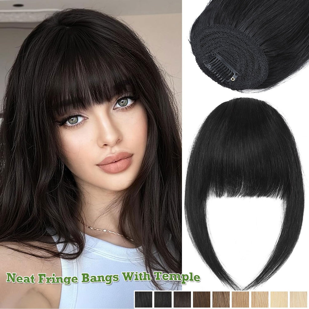 Real Human Hair Clip-In Fringe Bangs with Temples - 100% Real Human Hair Straight Hairpiece for Women, Elegant Style for Wedding, Party, Daily Use & Halloween/Christmas Hair, Cute Hair Accessories, Party Hairpiece, Natural Look Hairpiece